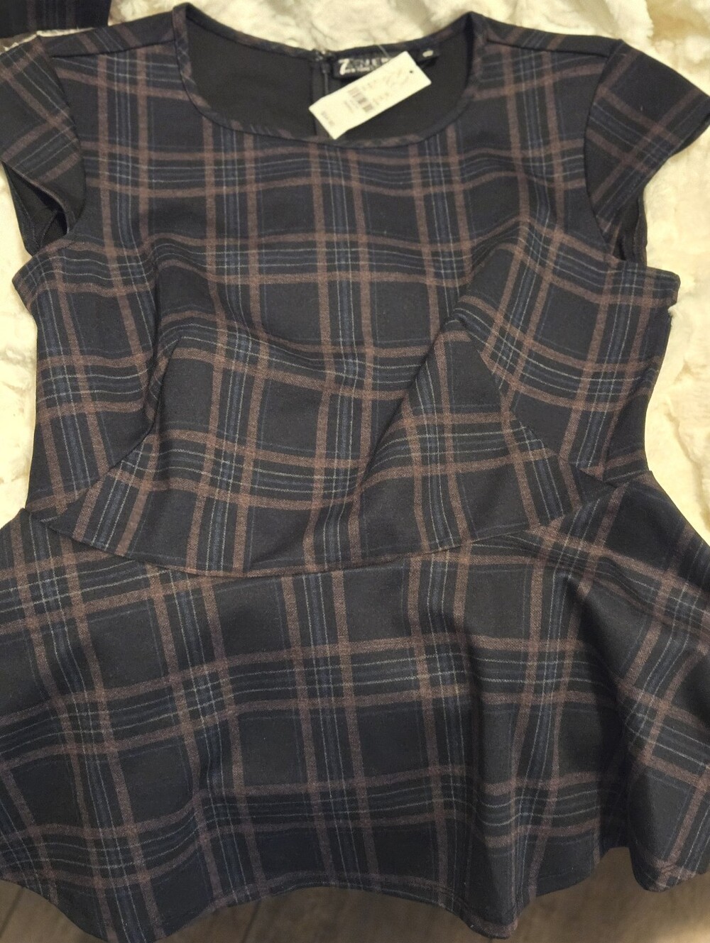 NY&C Navy and Brown Plaid Peplum Dress with Cap Sleeves